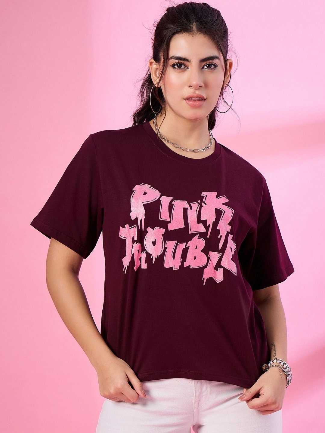 

CUPID Women Typography Printed Round Neck Cotton Oversized T-shirt, Maroon