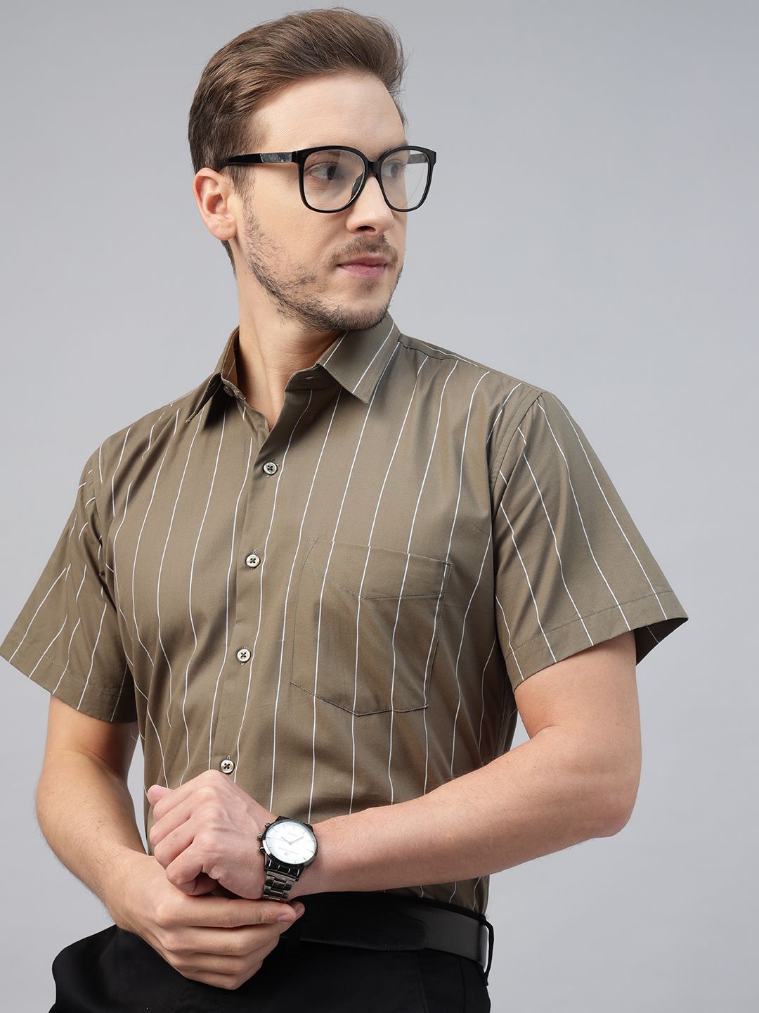

Hancock Men Slim Fit Opaque Striped Pure Cotton Formal Shirt, Olive