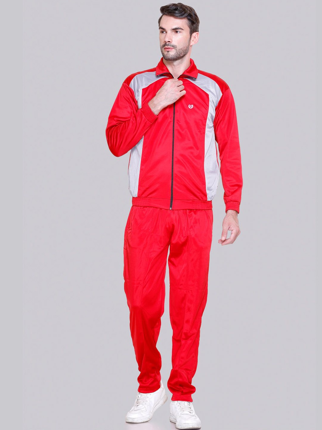 

ELPIDA Men Colourblocked Polo Collar Tracksuits, Red