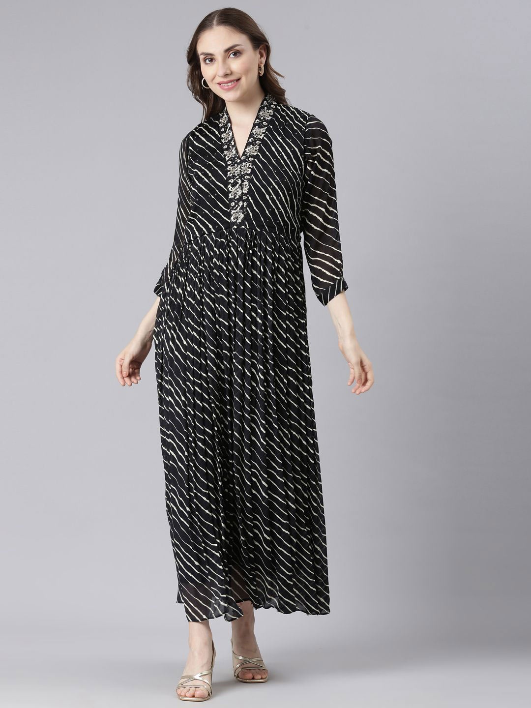 

Neerus Ethnic Motifs Striped Maxi Dress, Black
