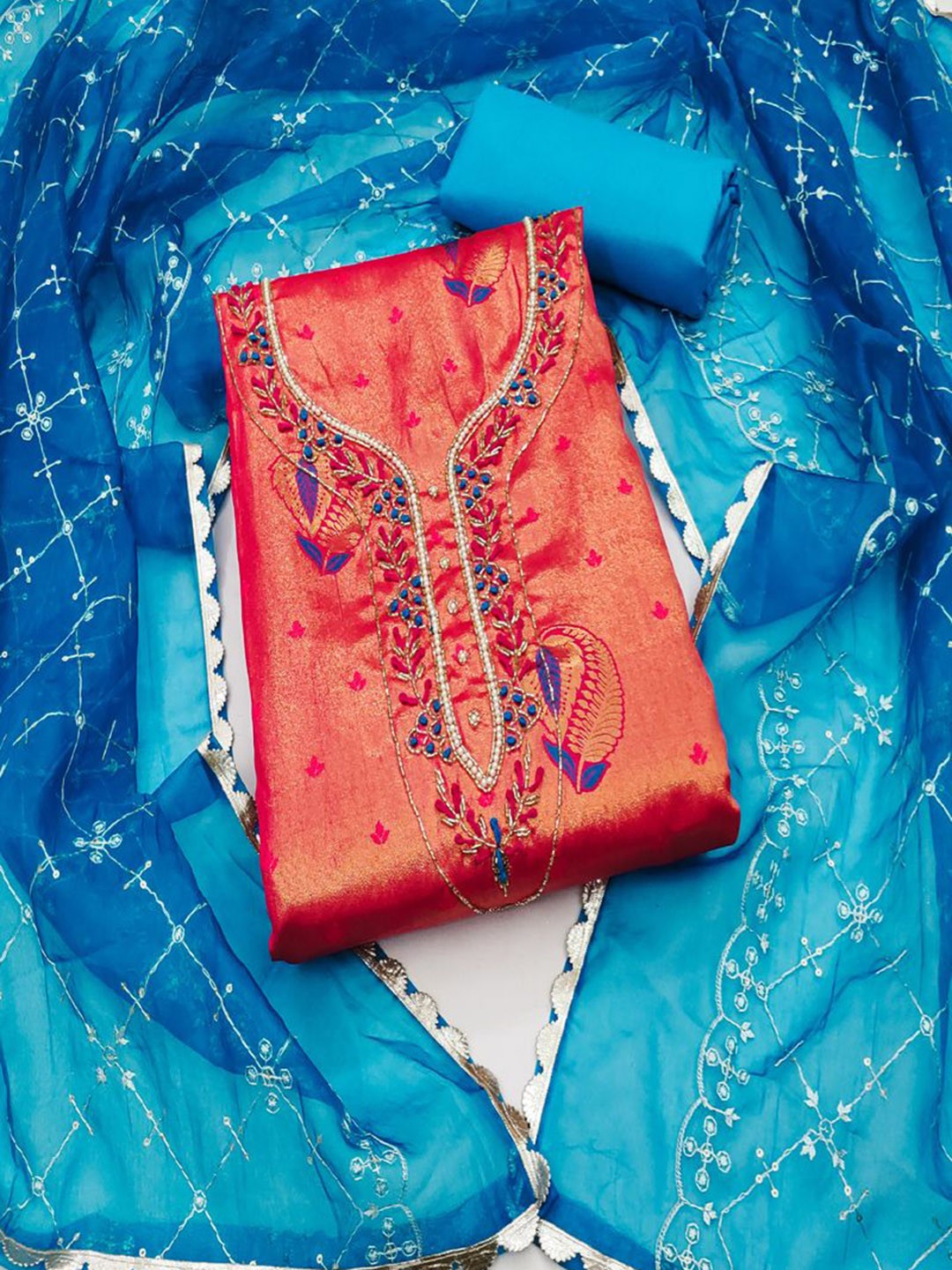 

ASISA Embroidered Beads and Stones Organza Unstitched Dress Material, Red