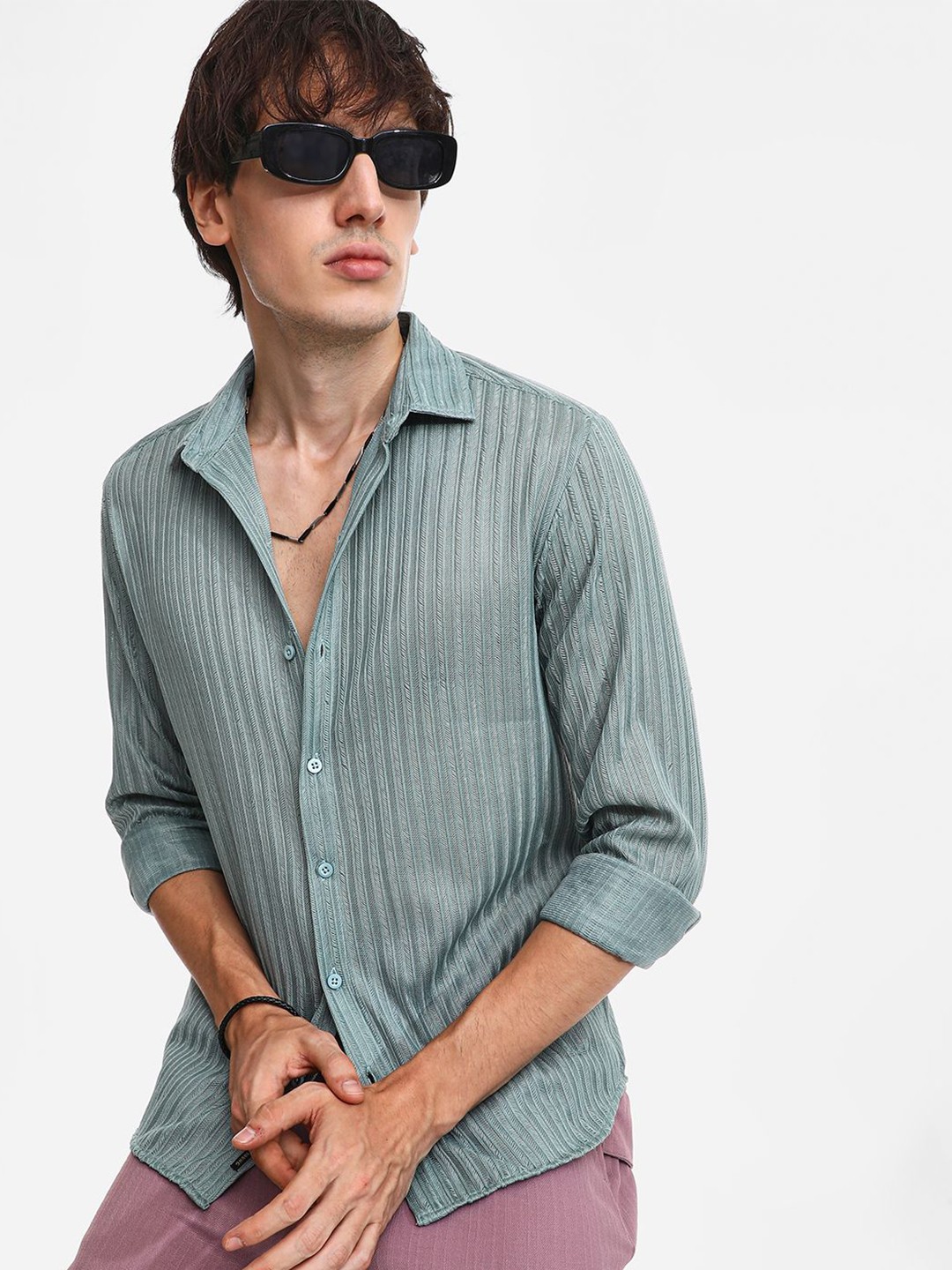 

Campus Sutra Men Comfort Spread Collar Striped Casual Shirt, Green