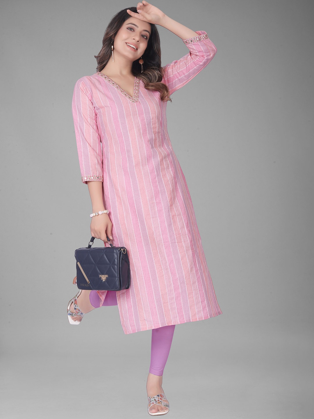 

FASHIRE Striped V-Neck Pure Cotton Straight Kurta, Pink