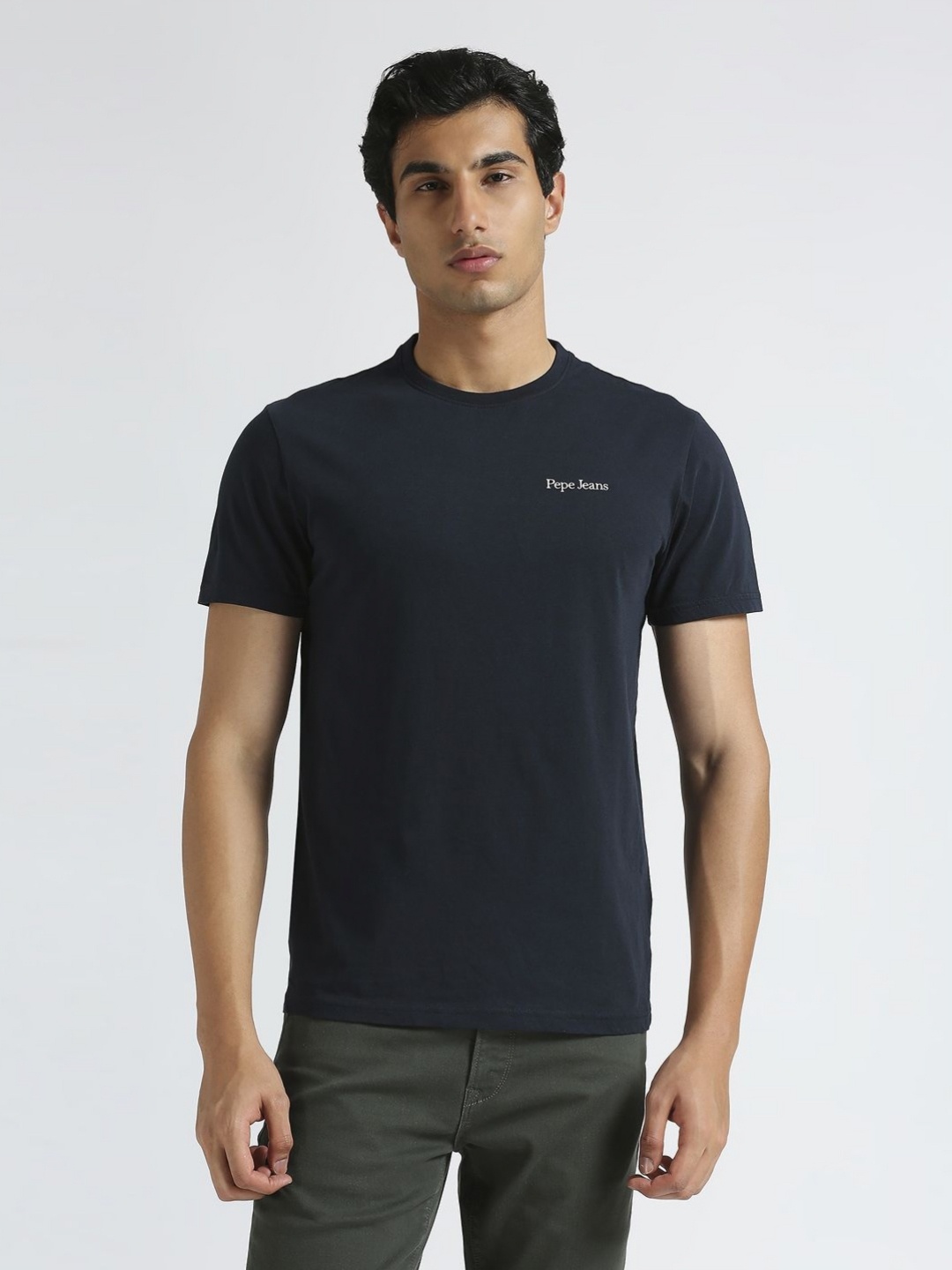 

Pepe Jeans Men Solid Round Neck Pure Cotton Slim Fit T-shirt, Blue