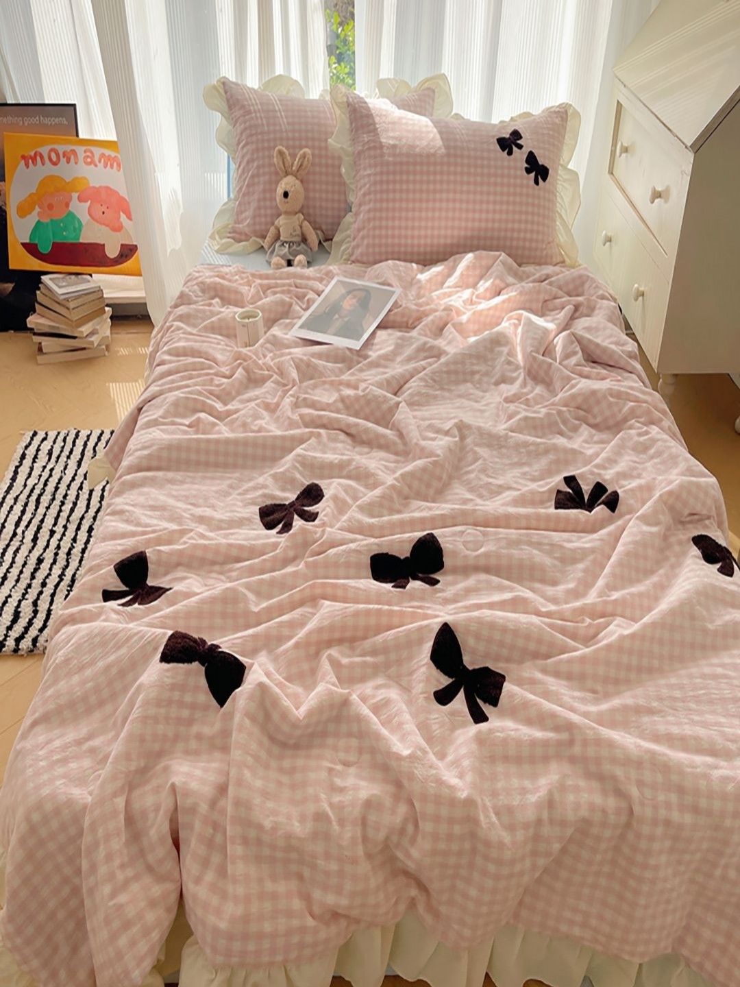 

JC HOME Blue & Pink Checked Embroiderd Double King Regular Bedding Set