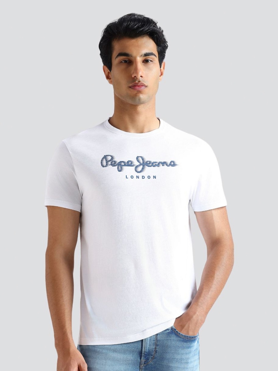 

Pepe Jeans Men Typography Printed Round Neck Pure Cotton Slim Fit T-shirt, White