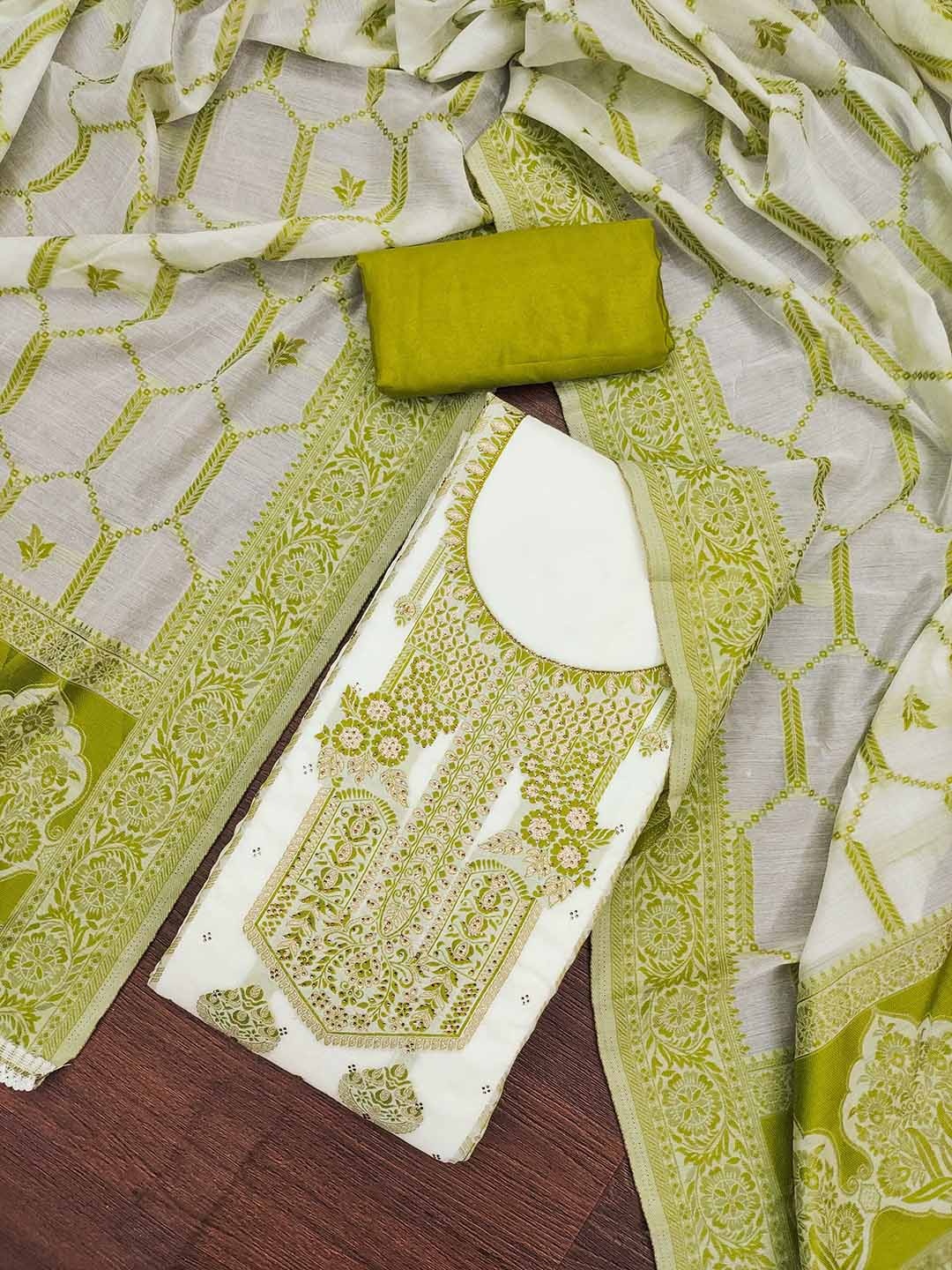 

KALINI Floral Embroidered Beads and Stones detail Pure Cotton Unstitched Dress Material, Green