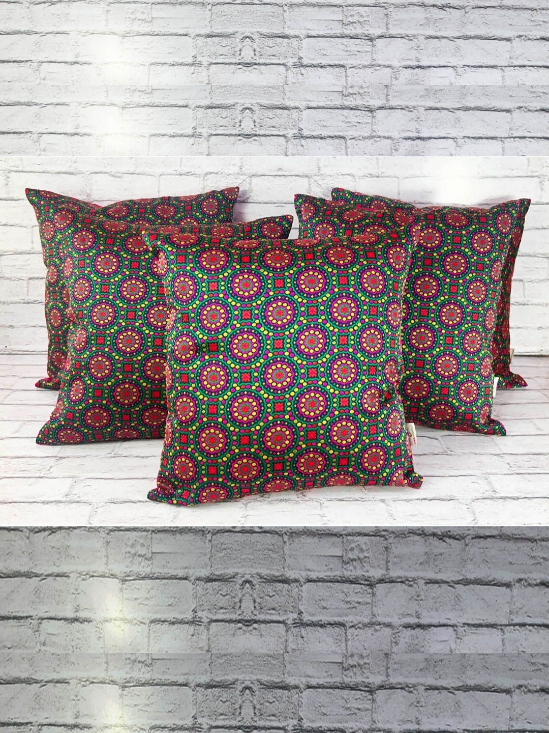 

Pink Parrot Green & Pink 5 Pieces Ethnic Motifs Printed Jacquard Square Cushion Covers