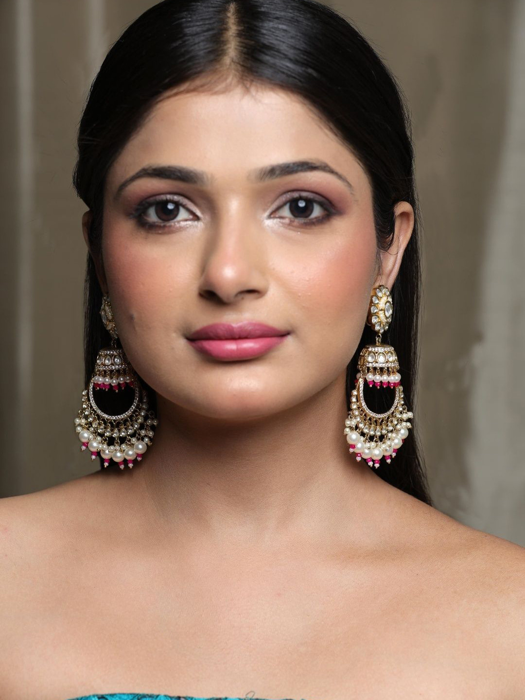 

STYLE DECO Kundan Studded & Beaded Chandbalis, Gold
