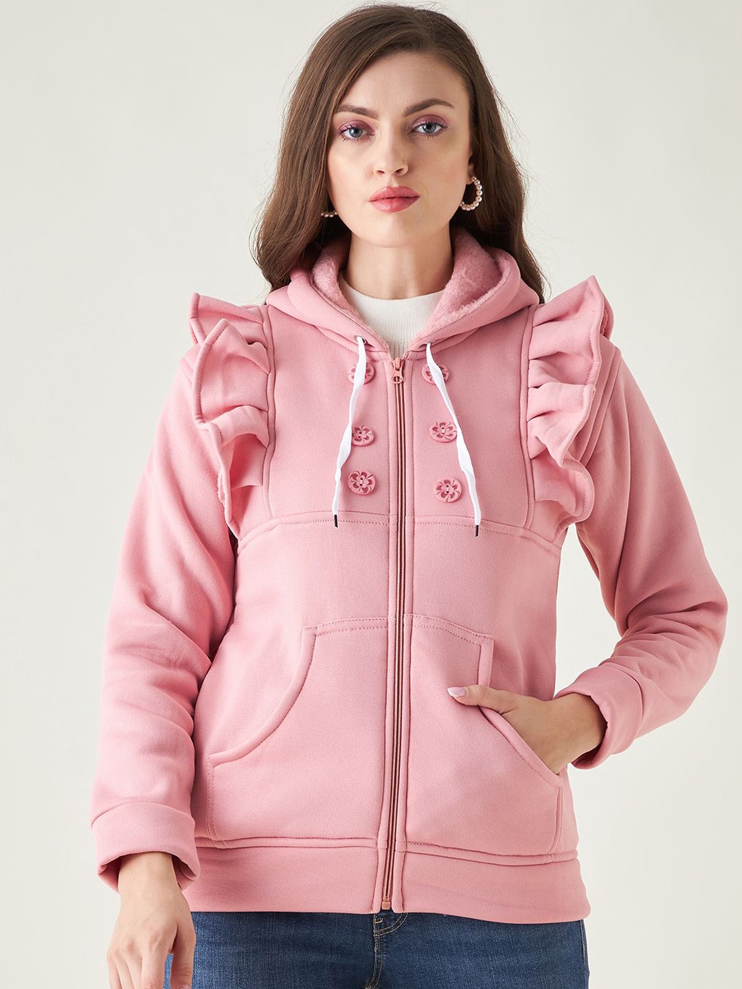 

PIVL Women Solid Windcheater Hooded Jacket, Pink