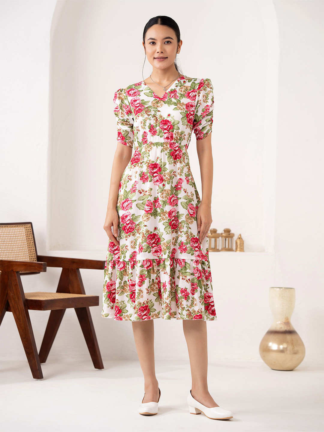 

AASK Women Floral Printed Puff Sleeve Crepe Fit & Flare Dress, White