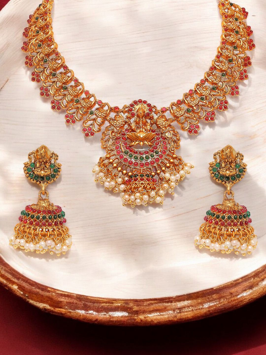 

Anouk Laxmi Design Stone Studded & Beaded Temple Jewellery Set, Gold