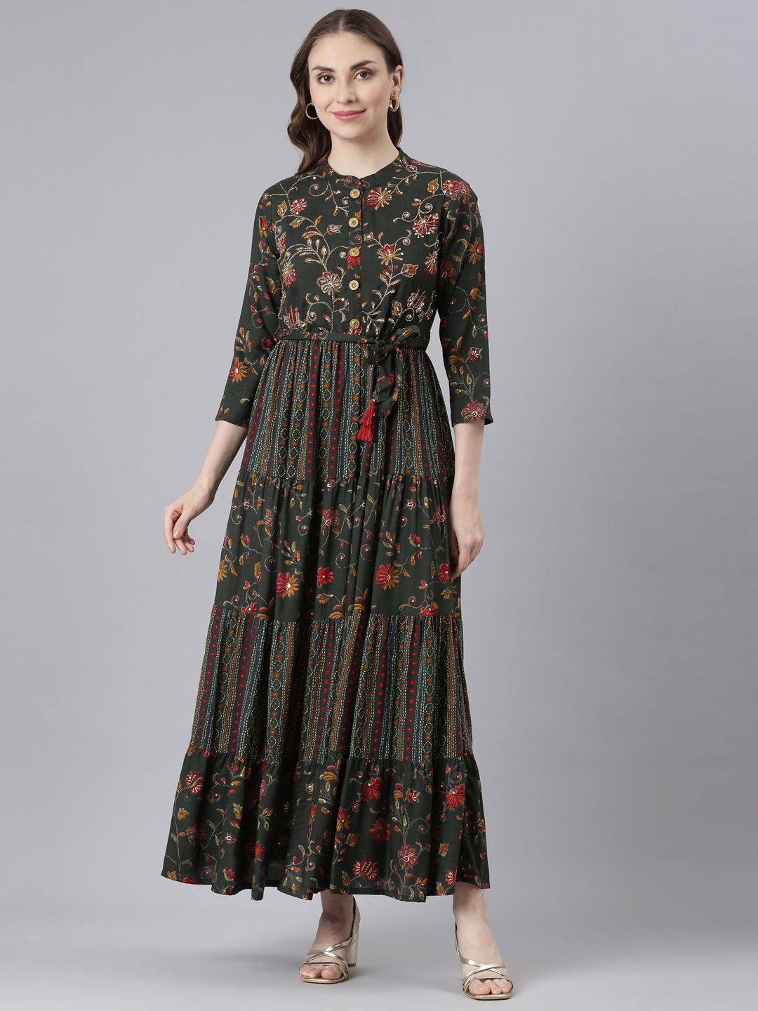 

Neerus Floral Print Layered Maxi Dress, Olive