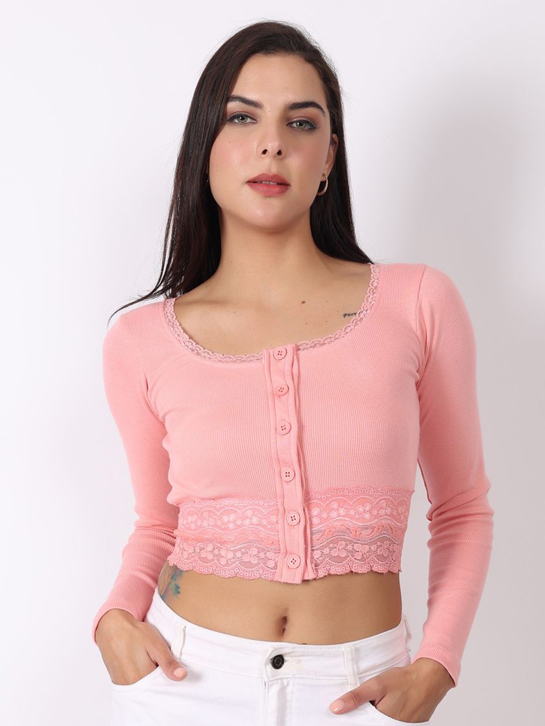 

SIGHTBOMB Women Floral Lace Detail Cotton Crop Top, Pink