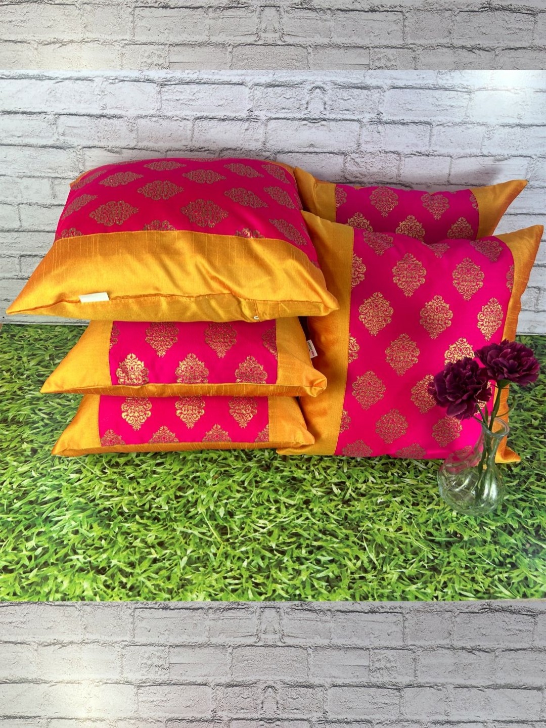 

Pink Parrot Pink & Yellow 5 Pieces Ethnic Motifs Jacquard Square Cushion Covers