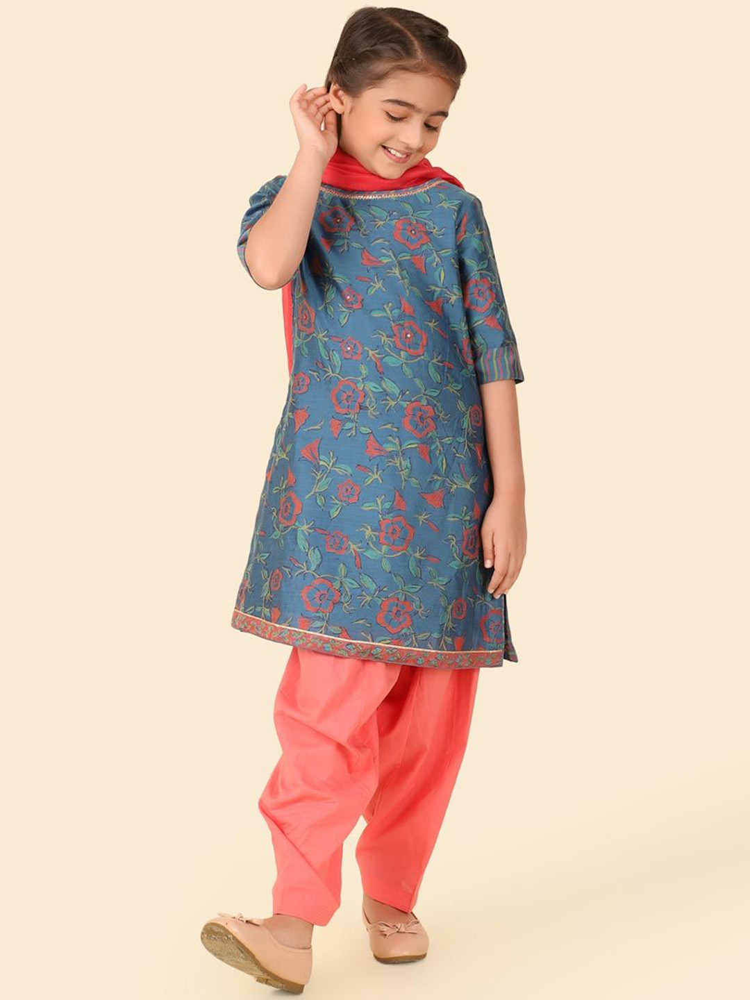 

Fabindia Girls Floral Printed Cotton Silk Straight Kurta with Salwar & Dupatta, Blue