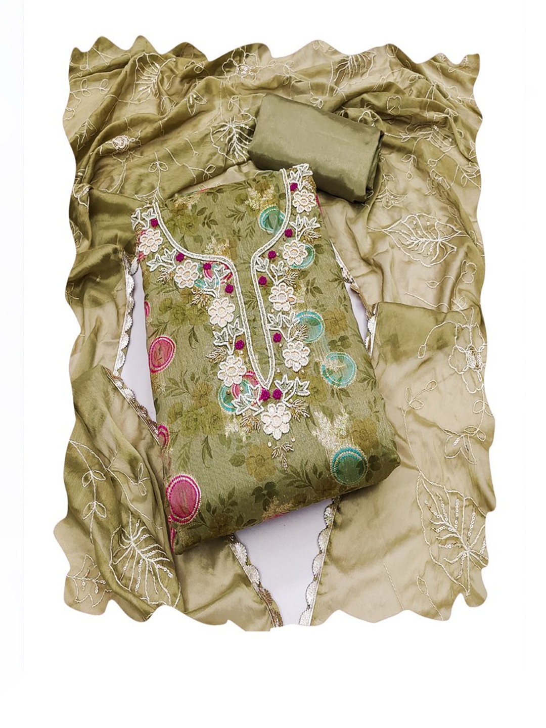 

ASISA Floral Printed Beads and Stones Organza Unstitched Dress Material, Olive