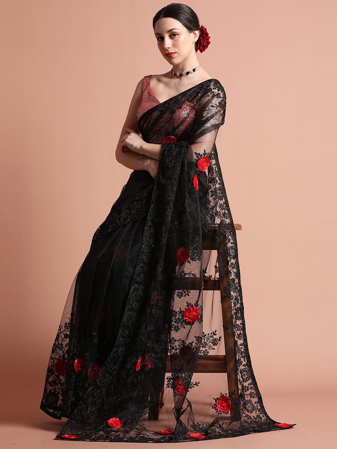 

Jaipur Kurti Party Wear Floral Embroidered Net Saree, Black