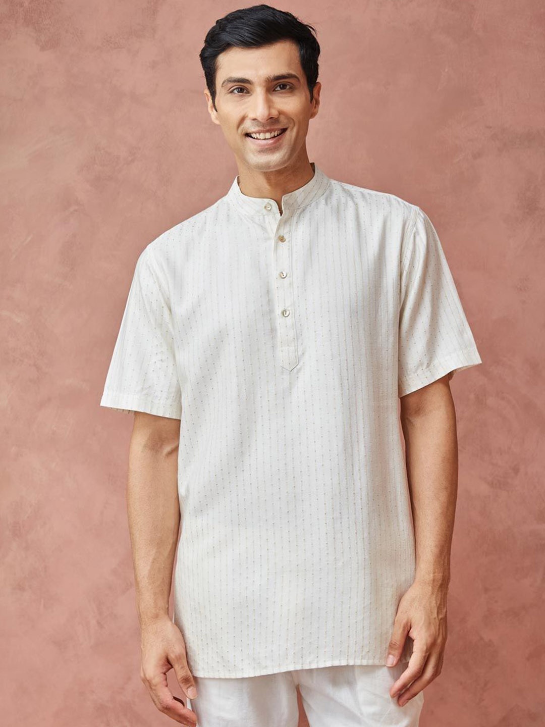 

Fabindia Striped Band Collar Straight Kurta, Off white