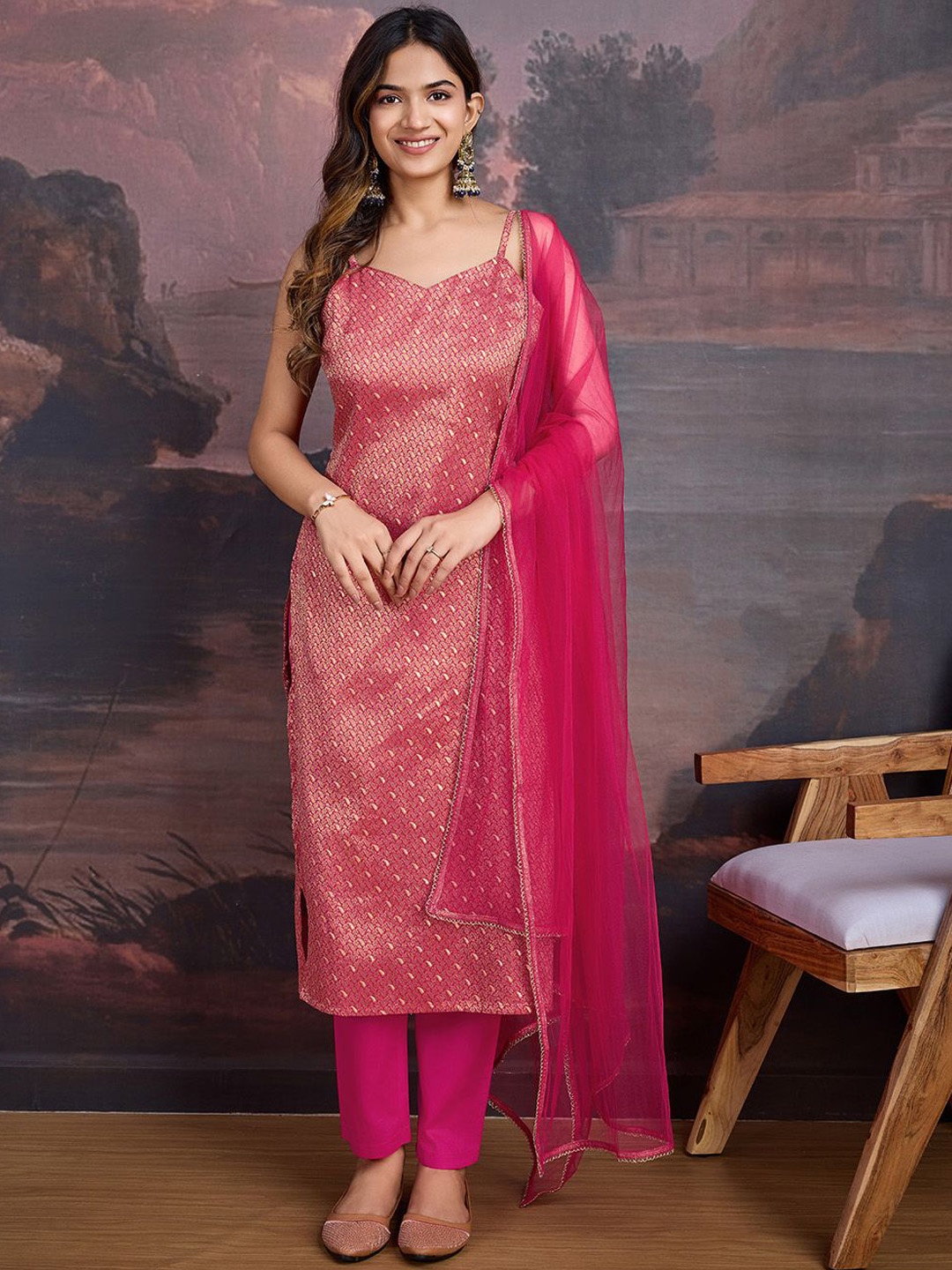 

House of Pataudi Paisley Woven Designed Shoulder Straps Kurta & Trousers With Dupatta, Pink