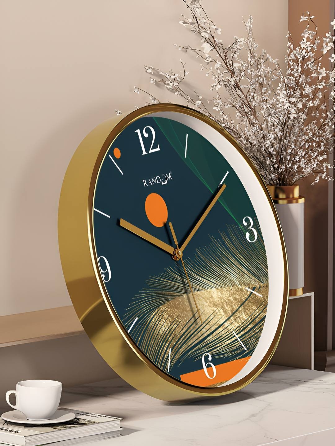 

RANDOM Gold Toned & Green Printed Contemporary Round Wall Clock