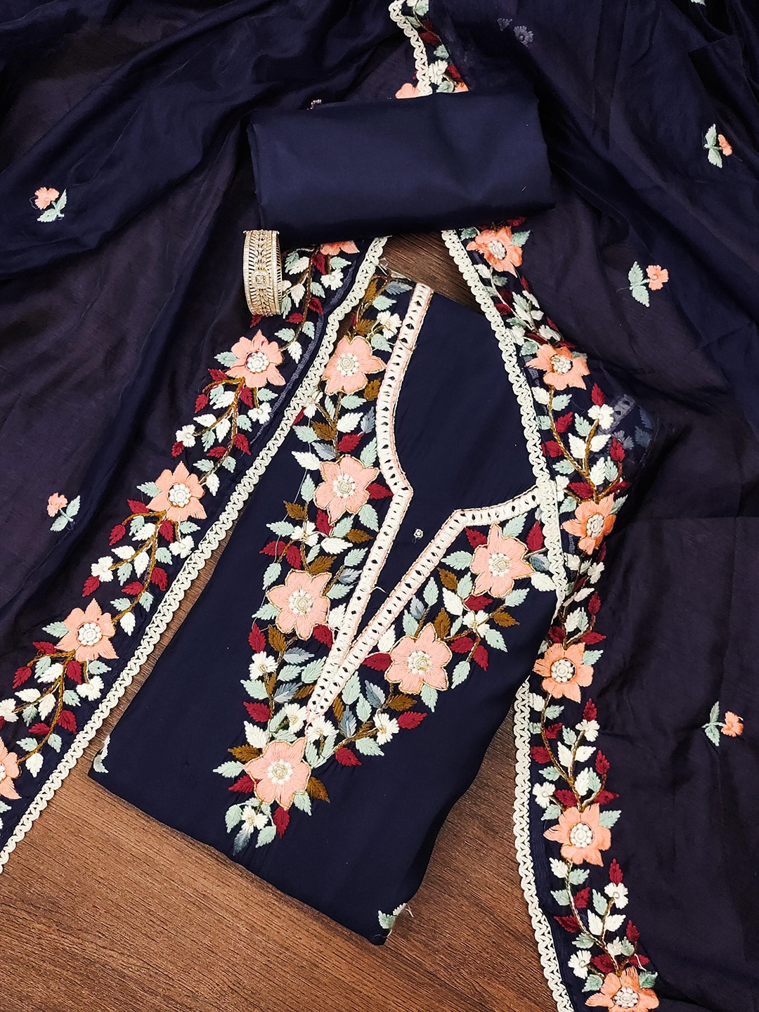 

Maroosh Floral Embroidered Beads and Stones Unstitched Dress Material, Navy blue