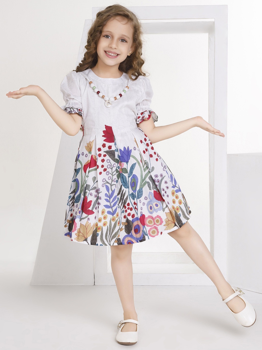 

Peppermint Girls Floral Print A-Line Casual Dress, Cream