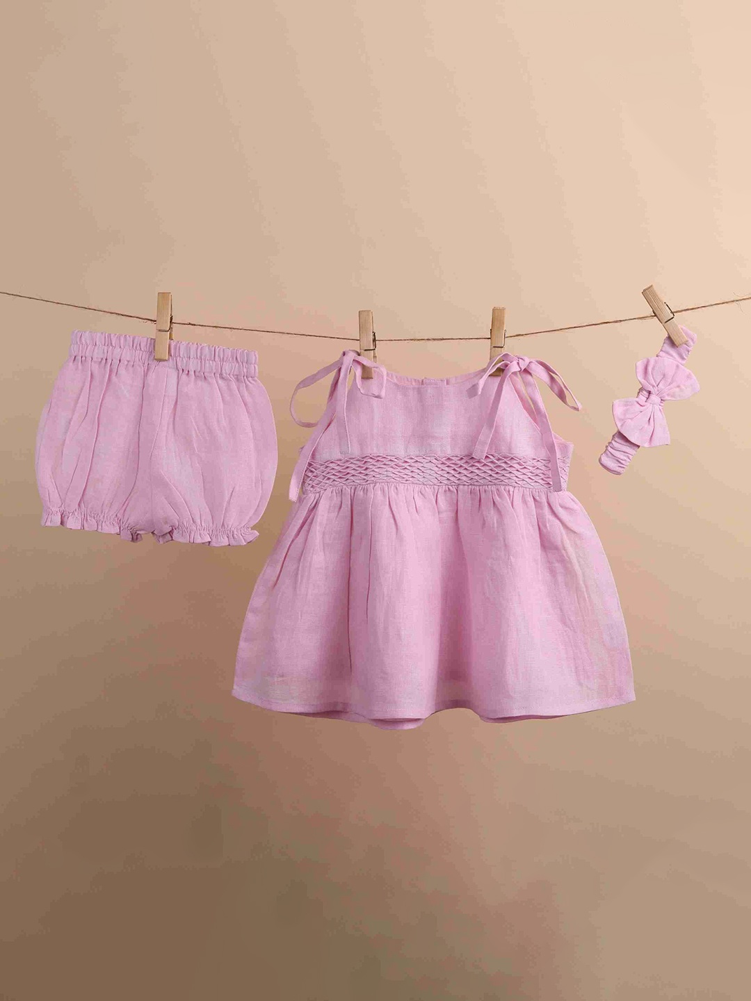 

TWEENY MINI Infant Girls Pure Linen Summer Dress with Bloomer & Headband, Pink