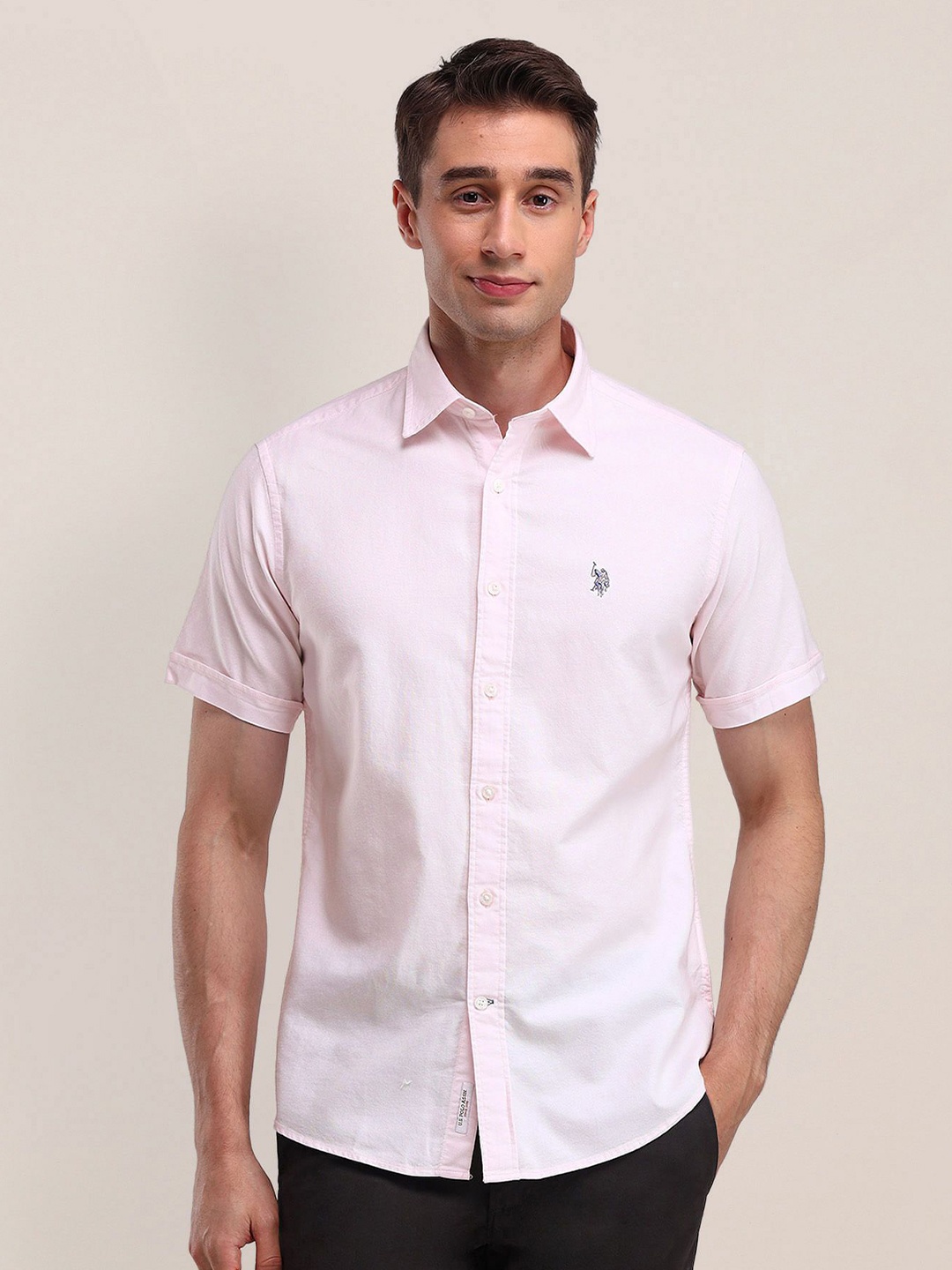 

U.S. Polo Assn. Men Modern Spread Collar Solid Cotton Slim Fit Casual Shirt, Pink