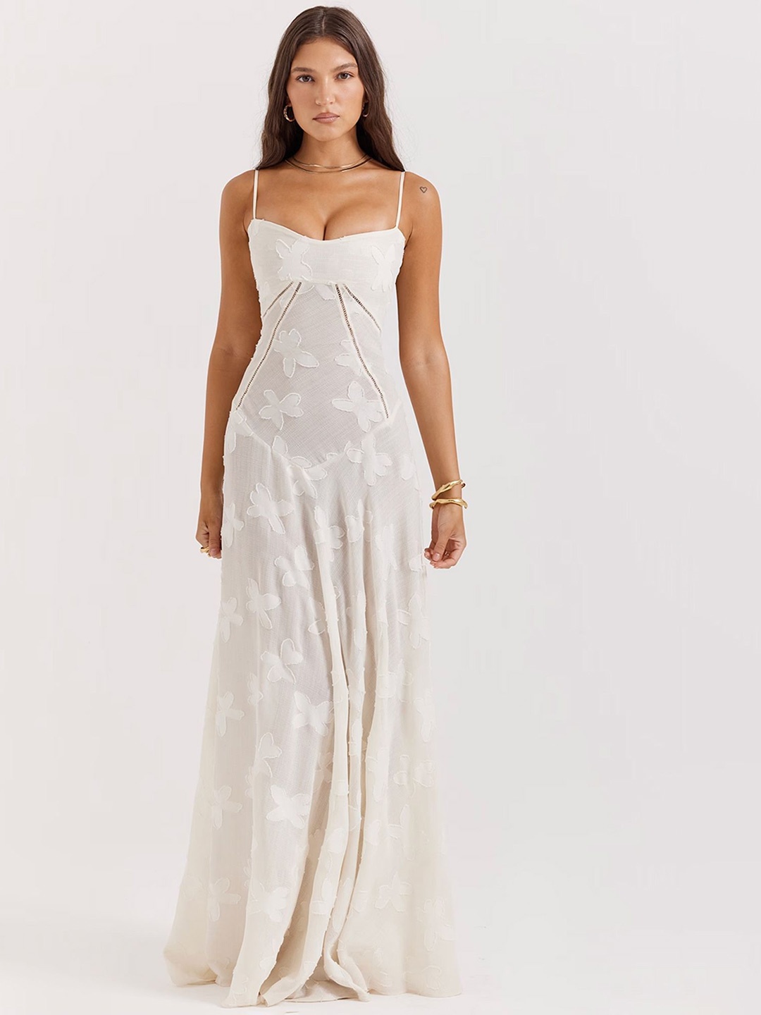 

LULU & SKY Shoulder Straps Self Design Maxi Dress, White
