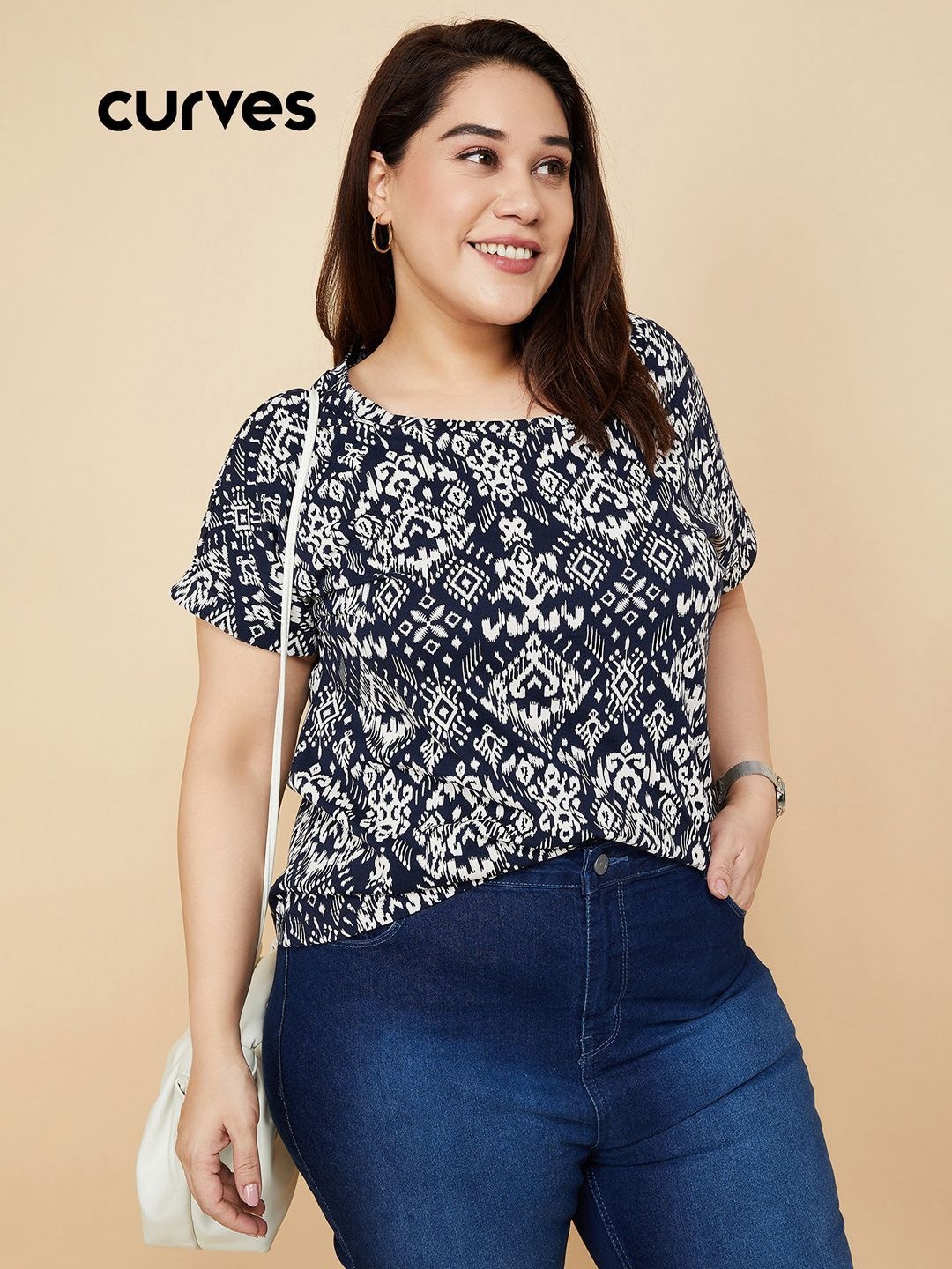 

max Women Abstract Printed Round Neck Cotton T-shirt, Navy blue