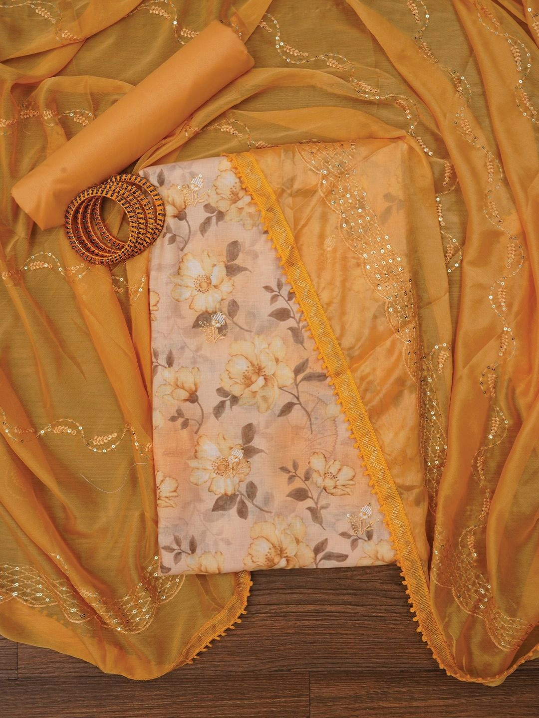 

Jaipur Kurti Floral Printed Embellished Cotton Dress Material with Dupatta, Yellow