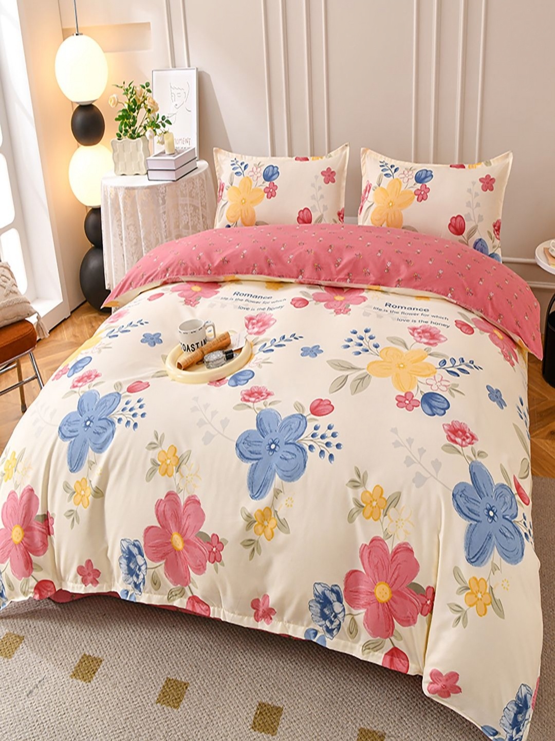 

JC HOME Pink & White Floral Polycotton 4 Piece Double King Regular Bedding Set