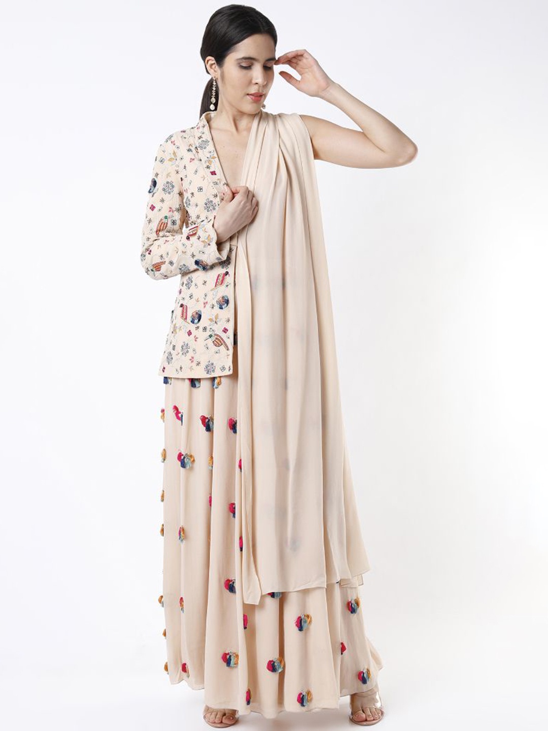 

Payal Singhal Women Lightweight Jacket With One Side Dupatta And Embroidered Skirt, Cream