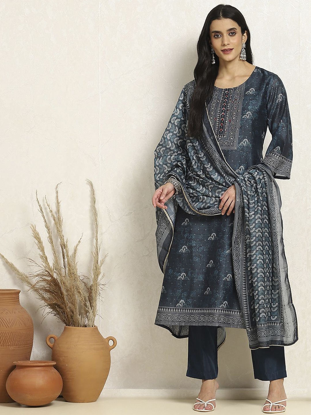 

Biba Floral Printed Mirror Work Unstitched Dress Material, Blue