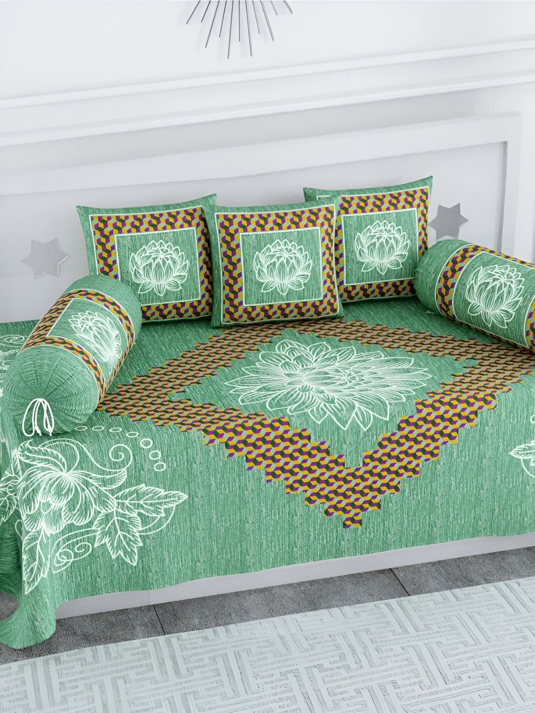 

LIVING ROOTS Green & White 8 Pieces Floral Printed Cotton Diwan Set