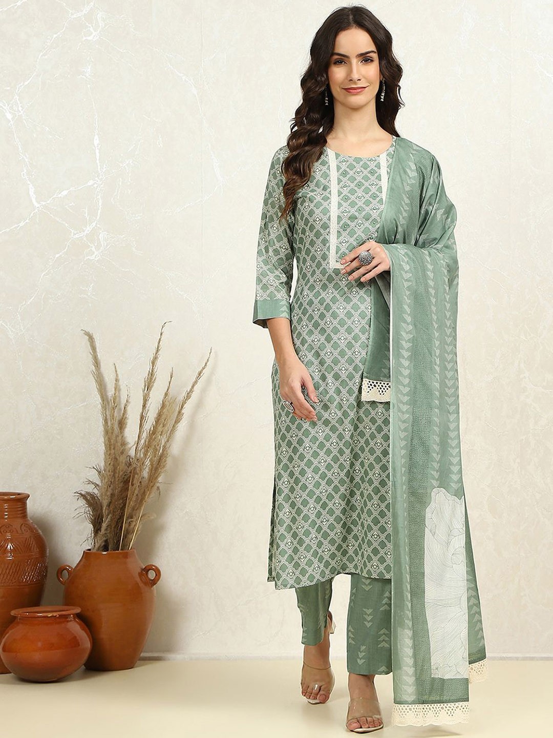 

Biba Ethnic Motifs Printed Pure Cotton Unstitched Dress Material, Green
