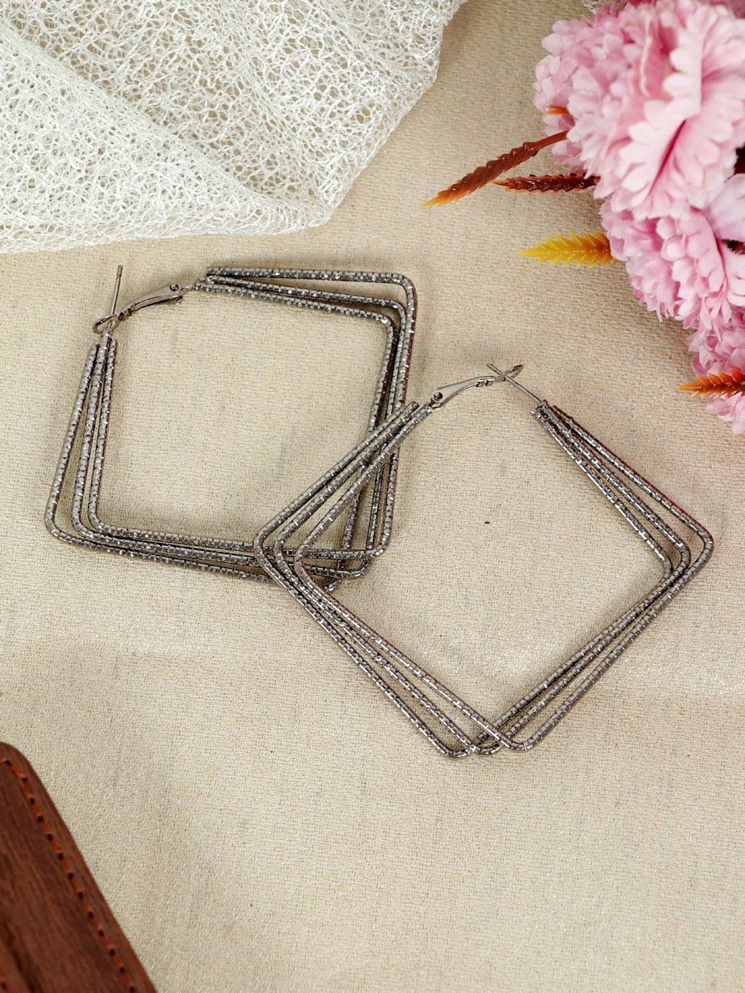 

Zoey Brass-Plated Metalic Multi Layer Square Shaped Hoop Earrings, Silver