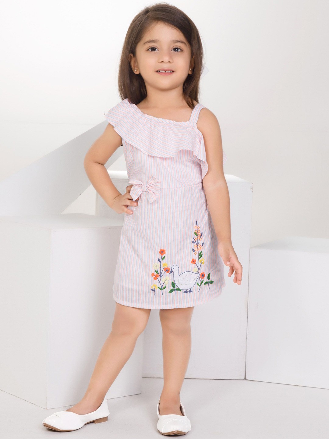 

Peppermint Girls Floral Striped One Shoulder A-Line Dress, Orange