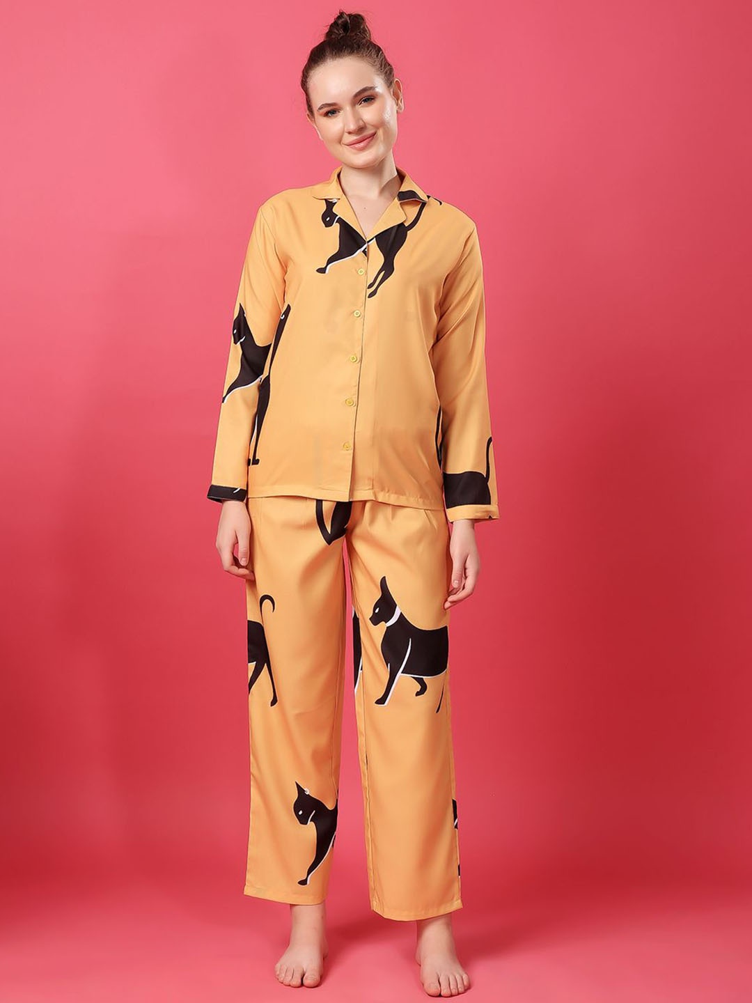 

Cation Women Printed Night suit, Mustard
