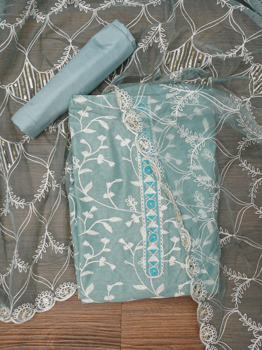 

Jaipur Kurti Floral Embroidered Sequinned Unstitched Dress Material, Sea green