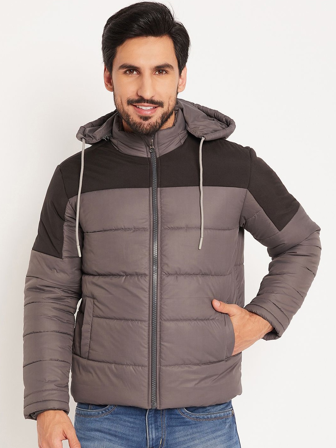 

VERO AMORE Men Colourblocked Quilted Hooded Jacket, Grey