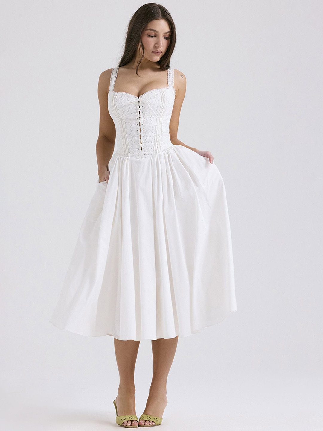 

LULU & SKY Lace-up Front Fit & Flare Midi Dress, White