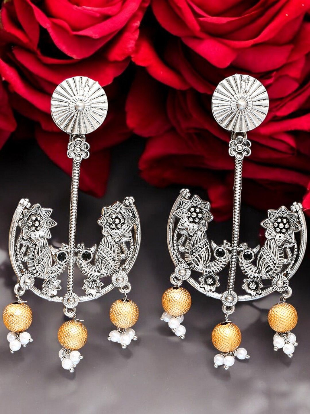 

Sangria Oxidised & Beaded Peacock Design Drop Earrings, Silver