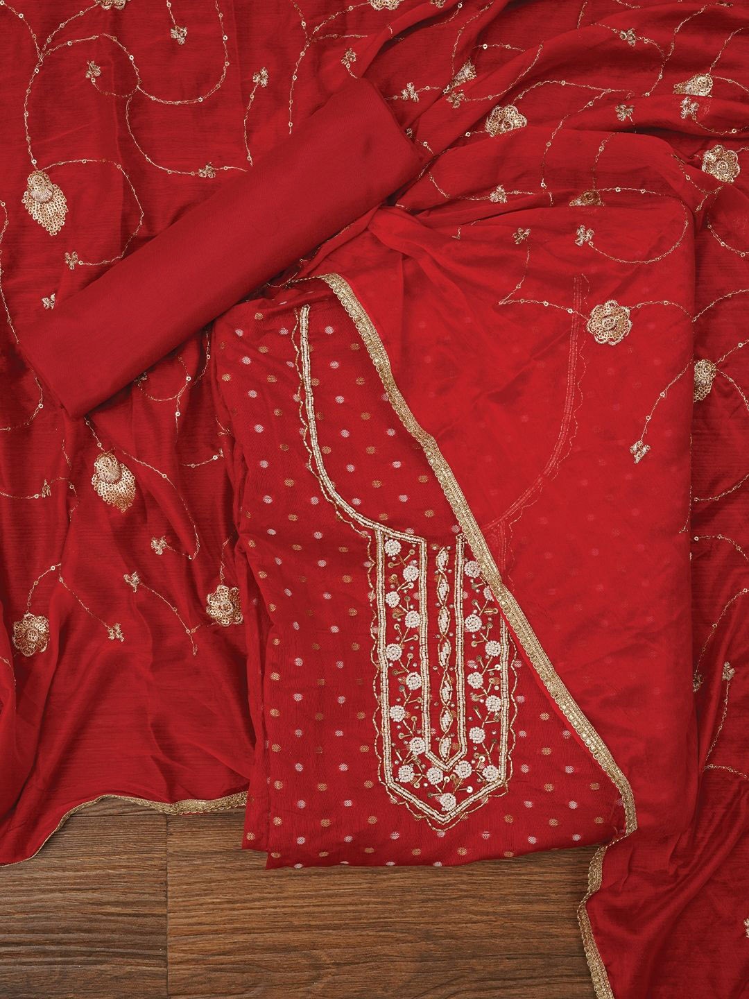 

Jaipur Kurti Zari Pure Cotton Dress Material with Dupatta, Red