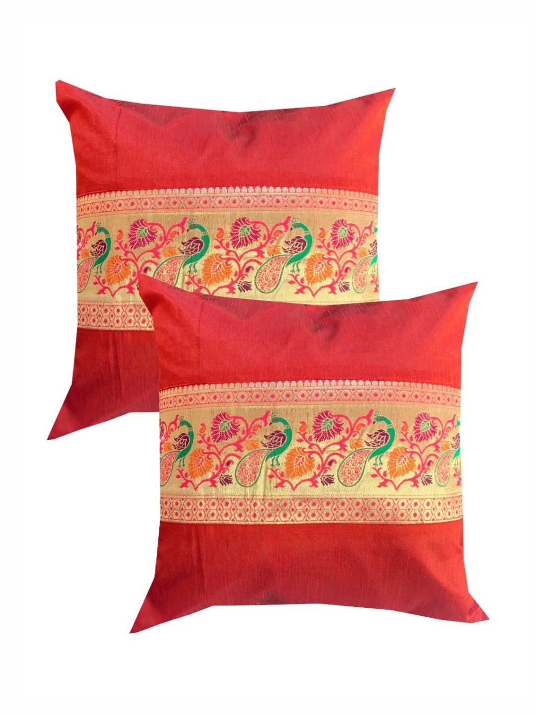 

Pink Parrot Red & Gold Toned 2 Pieces Ethnic Motifs Zari Work Square Cushion Covers