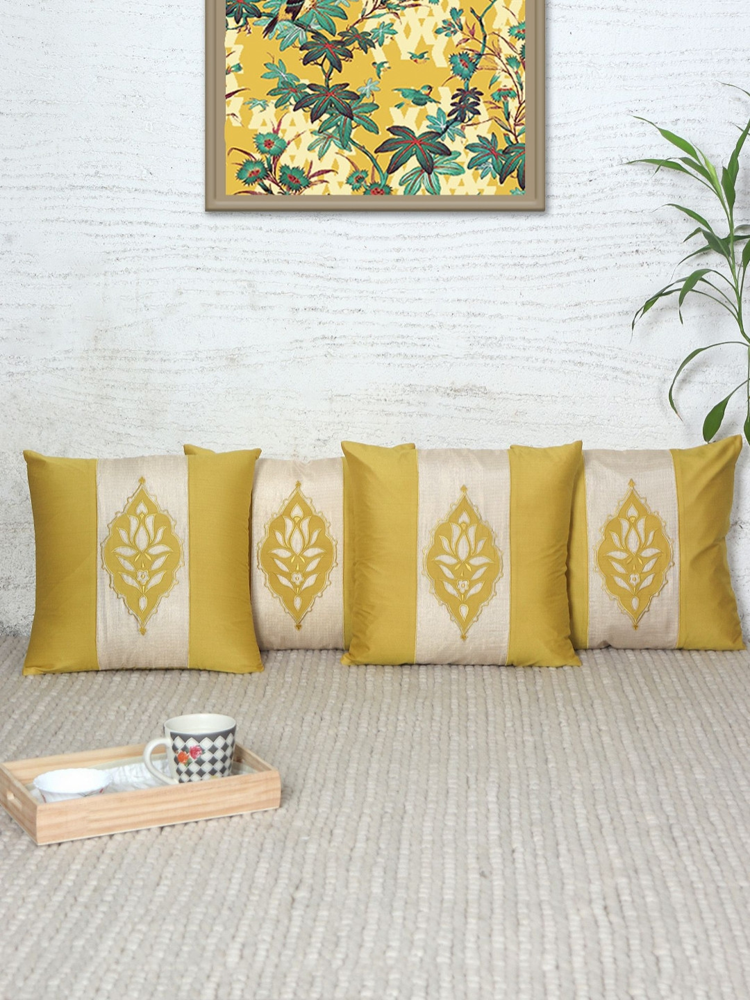 

ZEBA Yellow & Beige 4 Pieces Ethnic Motifs Square Cushion Covers