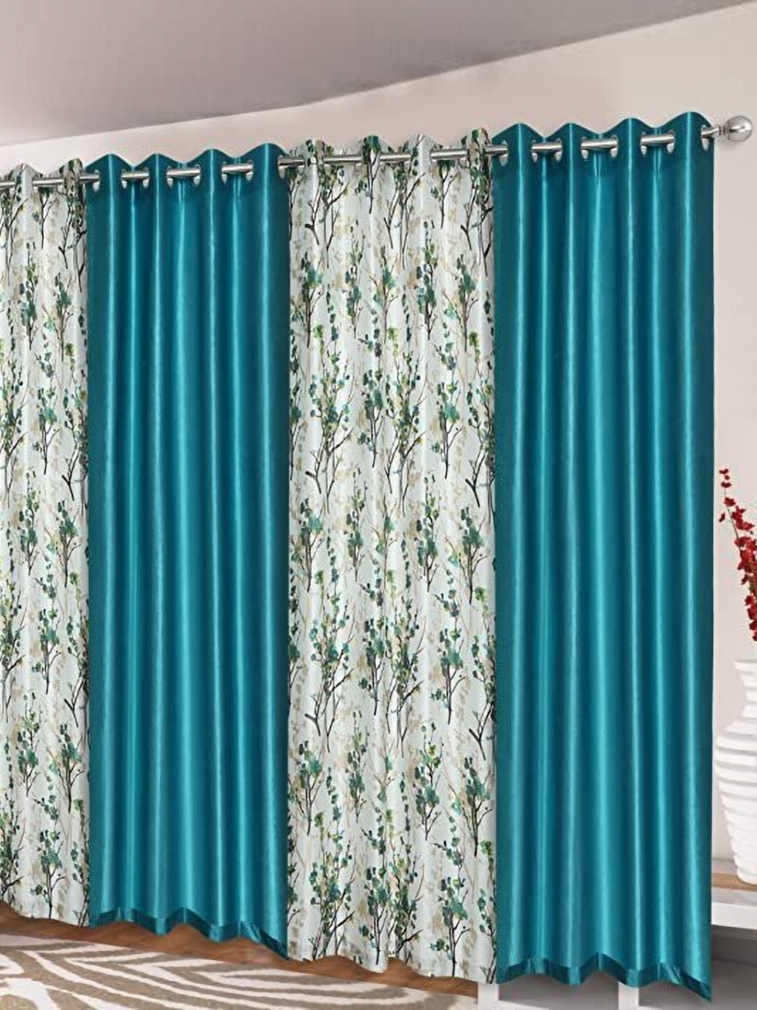 

Banchmark Home Furnishings Blue & White 4 Pieces Floral Room Darkening Long Door Curtains