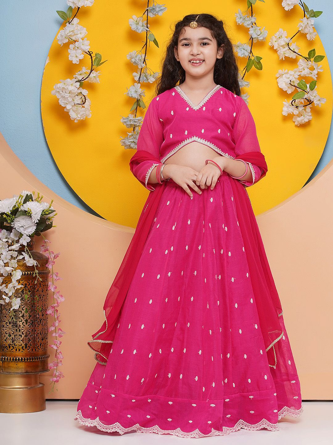 

Bitiya by Bhama Girls Floral Embroidered Ready to Wear Lehenga & Blouse With Dupatta, Pink