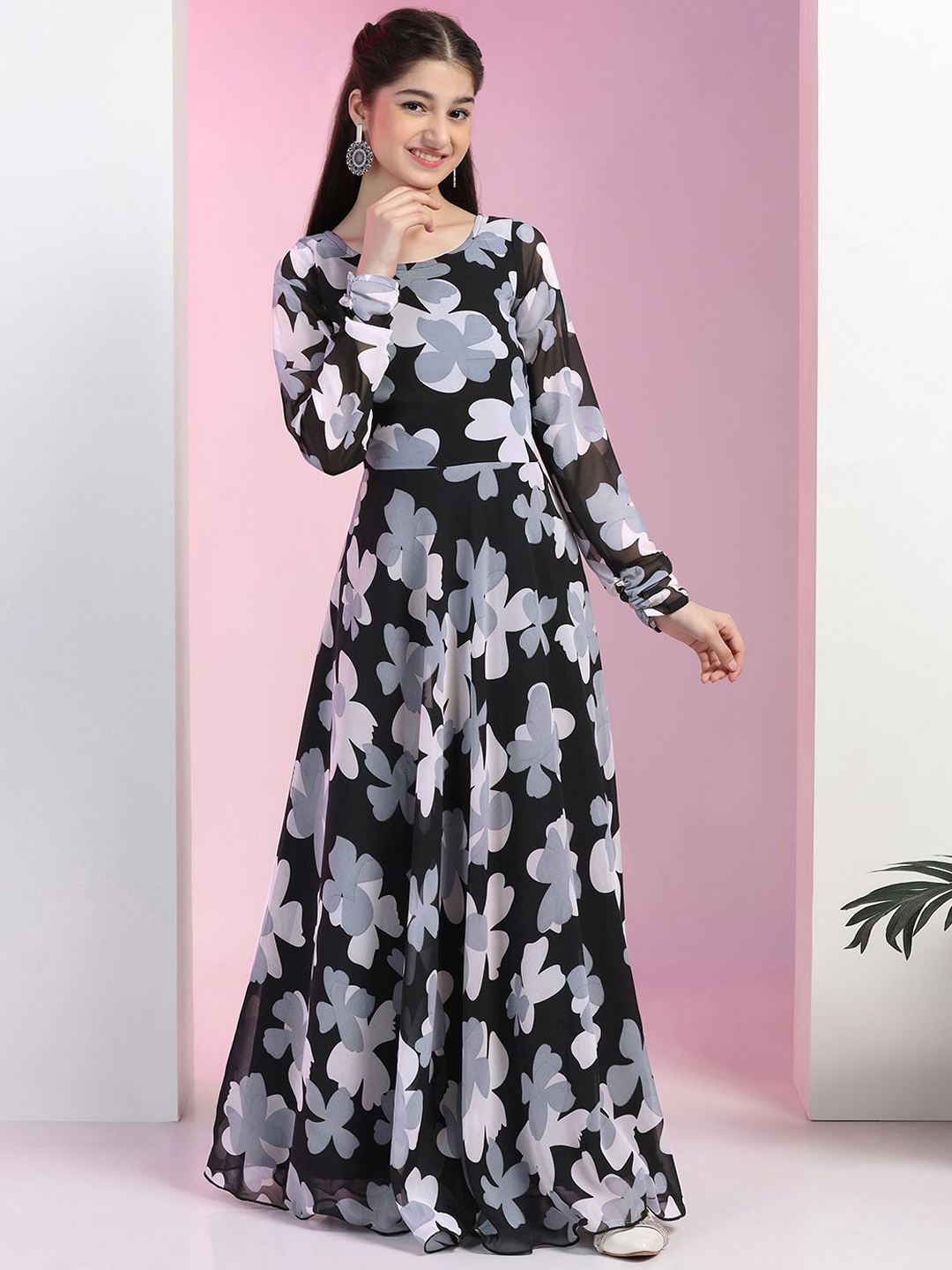 

BAESD Girls Floral Printed Anarkali Maxi Ethnic Dresses, Black